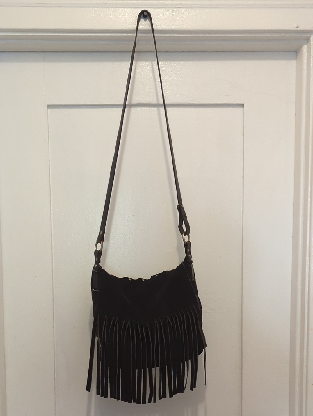 Black Leather Fringe Shoulder Bag - Sleek Crossbody Style